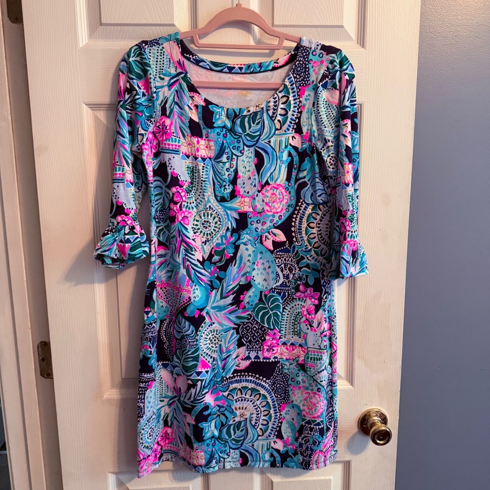 Lilly Pulitzer Dress Tiger Print UPF 50+ Sophie Ruffle Dress Looking Sharp